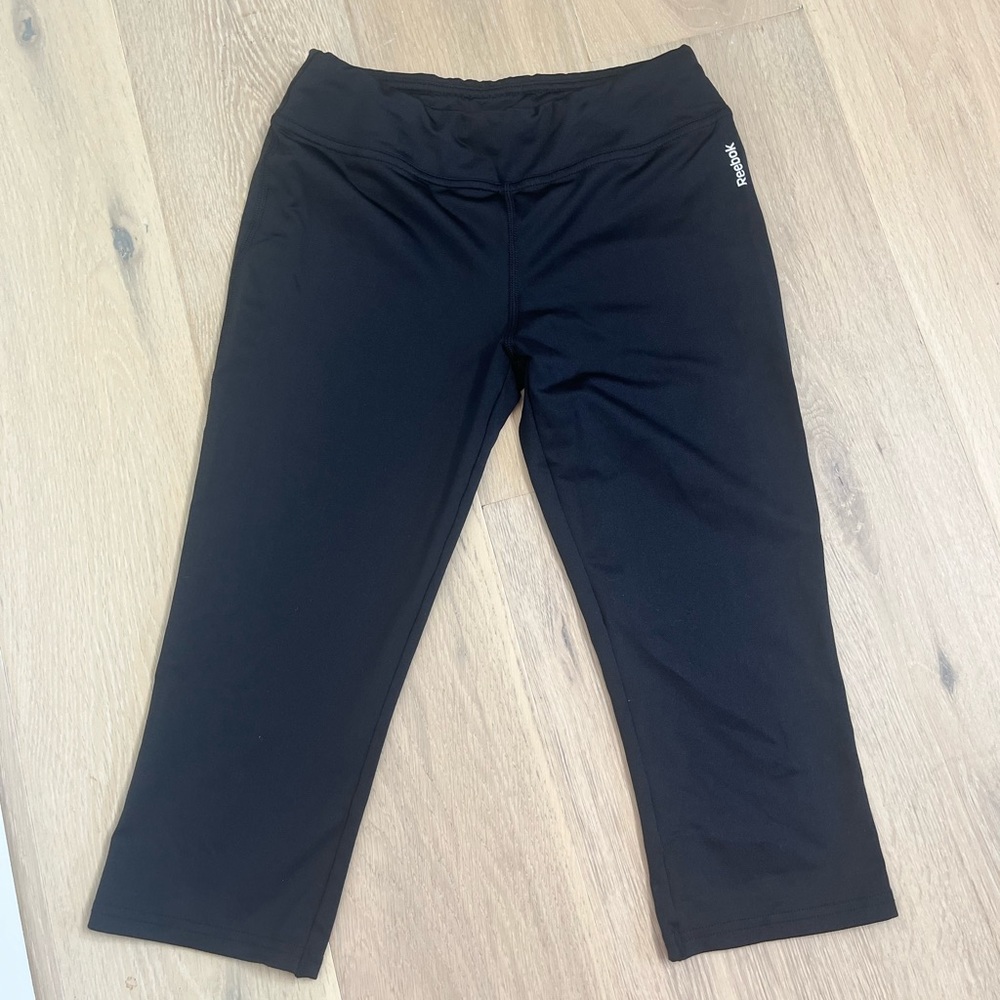 Reebok Black Crop Leggings Wide Waistband Workout Capri Womens L 12-14